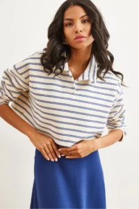 Olalook Women's Striped Navy Blue Polo Neck Striped Rose Gold Sweatshirt - Image 4