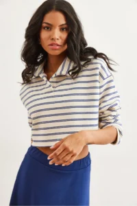 Olalook Women's Striped Navy Blue Polo Neck Striped Rose Gold Sweatshirt - Image 5