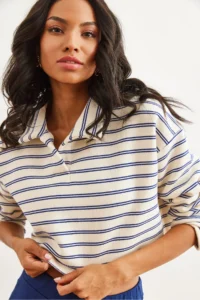 Olalook Women's Striped Navy Blue Polo Neck Striped Rose Gold Sweatshirt - Image 6