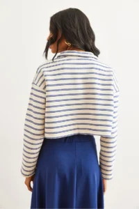 Olalook Women's Striped Navy Blue Polo Neck Striped Rose Gold Sweatshirt - Image 7
