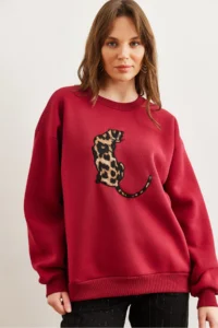 Olalook Women's Claret Red Leopard Appliqued Rose Gold Oversize Sweatshirt - Image 2