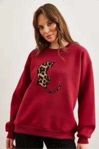 Olalook Women's Claret Red Leopard Appliqued Rose Gold Oversize Sweatshirt - Image 3
