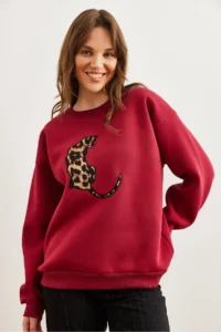 Olalook Women's Claret Red Leopard Appliqued Rose Gold Oversize Sweatshirt - Image 4