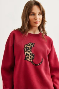 Olalook Women's Claret Red Leopard Appliqued Rose Gold Oversize Sweatshirt - Image 5