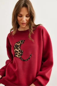 Olalook Women's Claret Red Leopard Appliqued Rose Gold Oversize Sweatshirt - Image 6