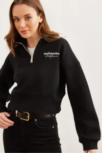 Olalook Women's Black Stand-Up Collar Zippered Crop Sweatshirt