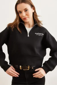 Olalook Women's Black Stand-Up Collar Zippered Crop Sweatshirt - Image 2