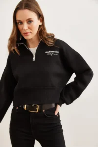 Olalook Women's Black Stand-Up Collar Zippered Crop Sweatshirt - Image 4
