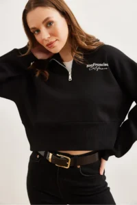 Olalook Women's Black Stand-Up Collar Zippered Crop Sweatshirt - Image 5