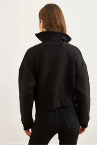 Olalook Women's Black Stand-Up Collar Zippered Crop Sweatshirt - Image 6