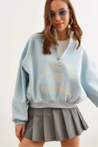 Olalook Women's Baby Blue Stand-Up Collar Zippered Ribbon Loose Sweatshirt