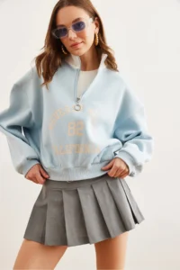 Olalook Women's Baby Blue Stand-Up Collar Zippered Ribbon Loose Sweatshirt - Image 2