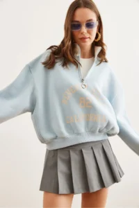 Olalook Women's Baby Blue Stand-Up Collar Zippered Ribbon Loose Sweatshirt - Image 3