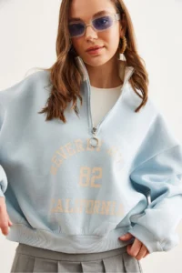 Olalook Women's Baby Blue Stand-Up Collar Zippered Ribbon Loose Sweatshirt - Image 4