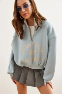 Olalook Women's Baby Blue Stand-Up Collar Zippered Ribbon Loose Sweatshirt - Image 5