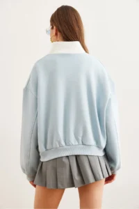 Olalook Women's Baby Blue Stand-Up Collar Zippered Ribbon Loose Sweatshirt - Image 6