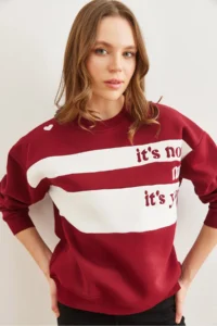 Olalook Women's Burgundy Shoulder Heart Embroidered Rose Gold Sweatshirt