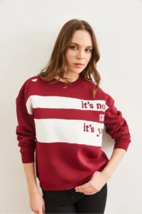 Olalook Women's Burgundy Shoulder Heart Embroidered Rose Gold Sweatshirt - Image 2