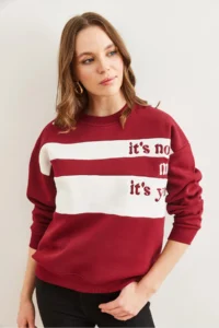 Olalook Women's Burgundy Shoulder Heart Embroidered Rose Gold Sweatshirt - Image 3