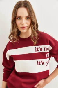 Olalook Women's Burgundy Shoulder Heart Embroidered Rose Gold Sweatshirt - Image 5