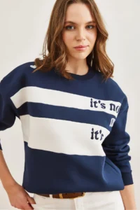 Olalook Women's Navy Blue Shoulder Heart Embroidered Rose Gold Sweatshirt - Image 2