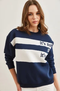 Olalook Women's Navy Blue Shoulder Heart Embroidered Rose Gold Sweatshirt - Image 5