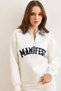 Olalook Women's White Denim Collar Zippered Embroidered Ribbon Sweatshirt - Image 2