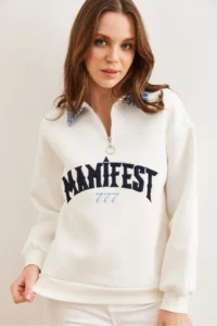 Olalook Women's White Denim Collar Zippered Embroidered Ribbon Sweatshirt - Image 3
