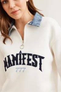 Olalook Women's White Denim Collar Zippered Embroidered Ribbon Sweatshirt - Image 4