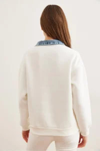 Olalook Women's White Denim Collar Zippered Embroidered Ribbon Sweatshirt - Image 5