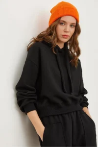 Olalook Women's Black Hooded Lace-up Waffle Sweatshirt
