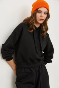 Olalook Women's Black Hooded Lace-up Waffle Sweatshirt - Image 4