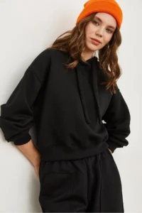 Olalook Women's Black Hooded Lace-up Waffle Sweatshirt - Image 5