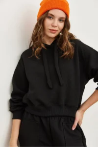 Olalook Women's Black Hooded Lace-up Waffle Sweatshirt - Image 6