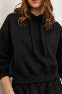 Olalook Women's Black Hooded Lace-up Waffle Sweatshirt - Image 7