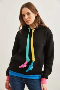 Olalook Women's Black Hooded Lace Detailed Ribbed Sweatshirt - Image 3