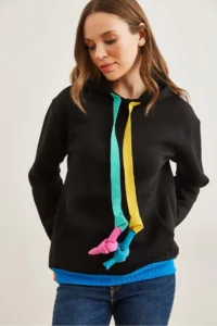 Olalook Women's Black Hooded Lace Detailed Ribbed Sweatshirt - Image 4