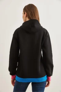 Olalook Women's Black Hooded Lace Detailed Ribbed Sweatshirt - Image 6