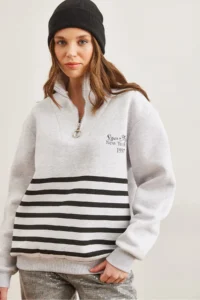 Olalook Women's Gray Zippered Striped Ribbed Sweatshirt - Image 2