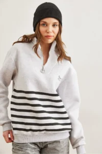 Olalook Women's Gray Zippered Striped Ribbed Sweatshirt - Image 3