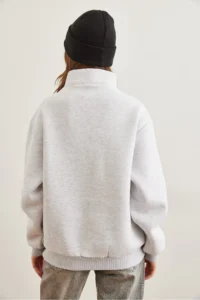 Olalook Women's Gray Zippered Striped Ribbed Sweatshirt - Image 6