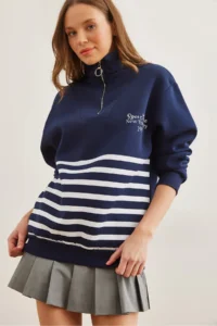 Olalook Women's Navy Blue Zippered Striped Ribbed Sweatshirt