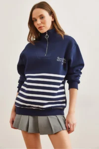 Olalook Women's Navy Blue Zippered Striped Ribbed Sweatshirt - Image 2