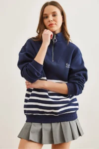 Olalook Women's Navy Blue Zippered Striped Ribbed Sweatshirt - Image 3