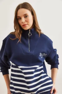 Olalook Women's Navy Blue Zippered Striped Ribbed Sweatshirt - Image 4