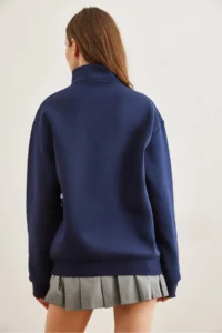 Olalook Women's Navy Blue Zippered Striped Ribbed Sweatshirt - Image 6
