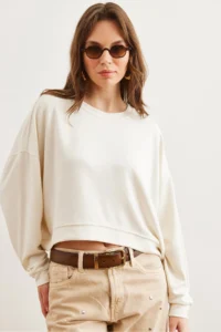 Olalook Women's Ecru Modal Touched Premium Oversize Loose Sweatshirt - Image 3