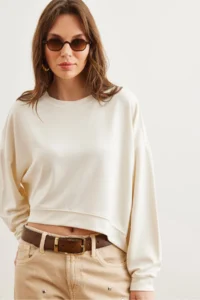 Olalook Women's Ecru Modal Touched Premium Oversize Loose Sweatshirt - Image 4