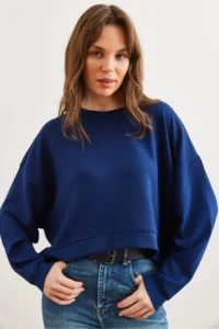 Olalook Women's Navy Blue Modal Touched Premium Oversize Loose Sweatshirt