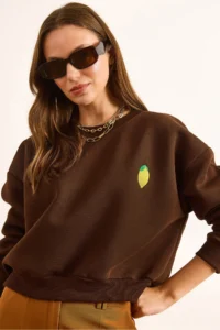 Olalook Women's Brown Lemon Embroidered Fleece Crop Thick Sweatshirt